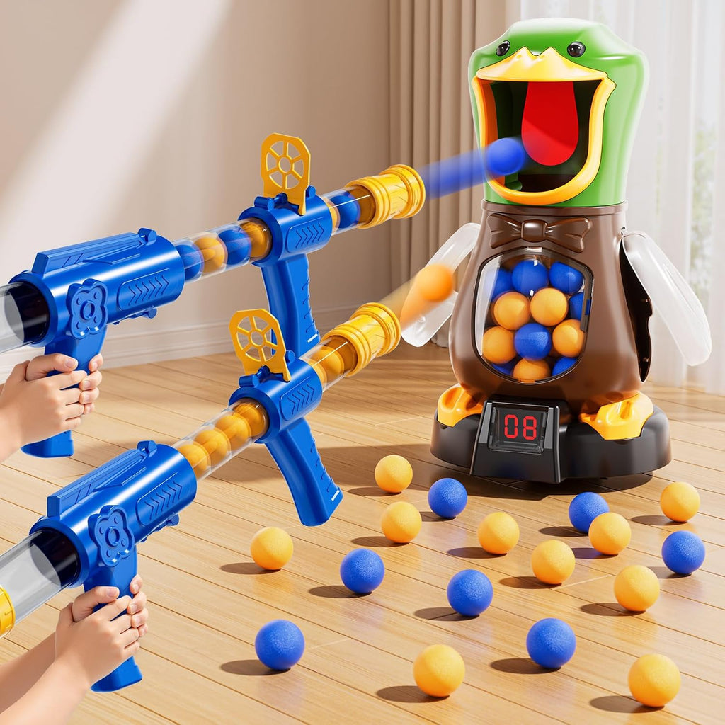 NIPLOOOW Juguetes de tiro de pato para niños de 3 a 5 años, juegos de disparos móviles con 2 lanzadores de bomba de aire, registro de puntuación LCD, sonido, 48 bolas de espuma, regalo de cumpleaños para niños y niñas de 3, 4, 5, 6, 7, 8 años