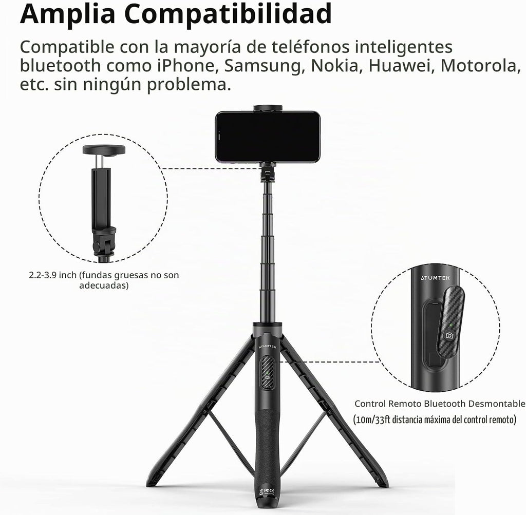 ATUMTEK Trípode para selfie stick de 51 pulgadas, soporte extensible todo en uno con control remoto Bluetooth, rotación de 360° para iPhone y Android, grabación de video, vlogging, transmisión en vivo, color negro