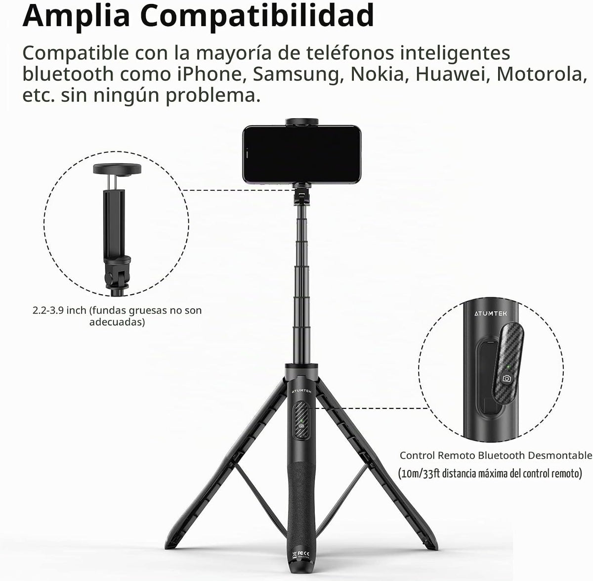ATUMTEK Trípode para selfie stick de 51 pulgadas, soporte extensible todo en uno con control remoto Bluetooth, rotación de 360° para iPhone y Android, grabación de video, vlogging, transmisión en vivo, color negro