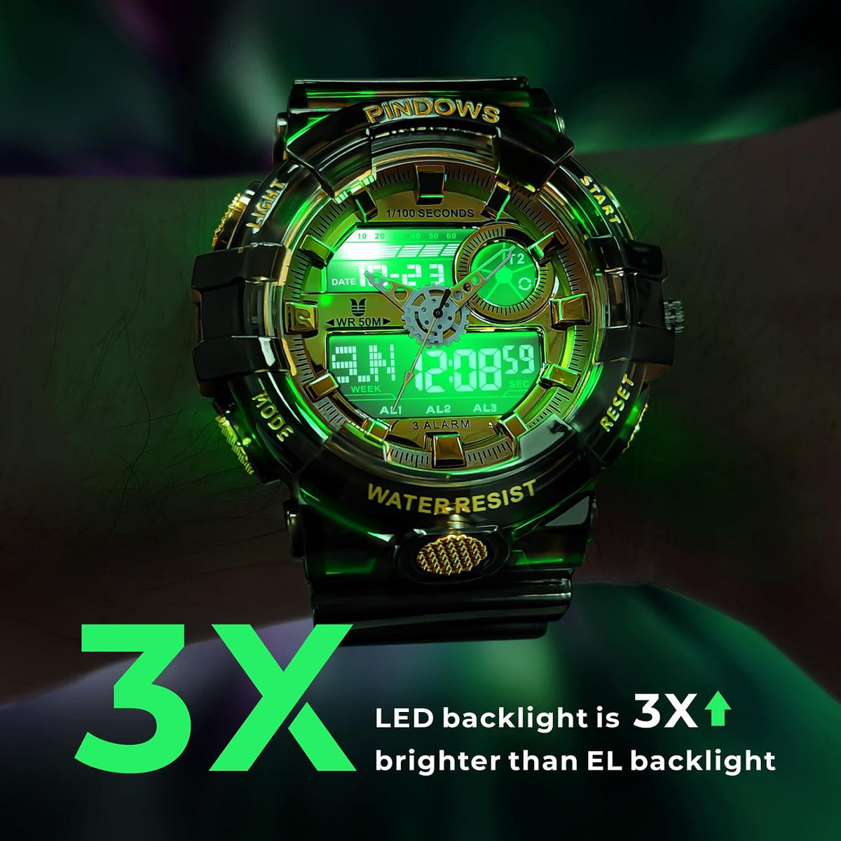 Relojes PINDOWS para hombre, transparente dorado, analógico digital, doble hora, 50M resistente al agua, retroiluminación LED, multifuncional con alarmas, cronómetro, ideal para deportes, actividades