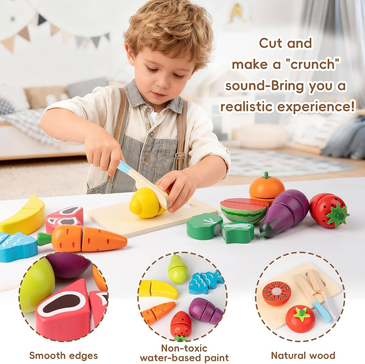 34Pcs Wooden Play Food para Toddlers - Toy Food con Velcro Fruit & Veggies