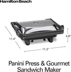 Hamilton Beach Parrilla eléctrica Panini Press con tapa de bloqueo, se abre 180 grados para cualquier grosor de sándwich (25460A) Rejillas antiadherentes de 8 "x 10" Acabado cromado, mediano