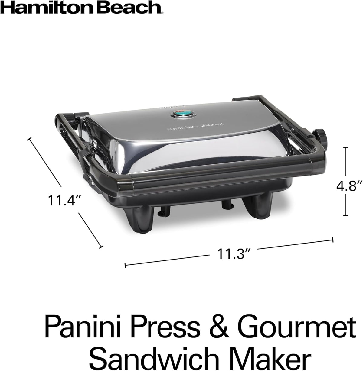 Hamilton Beach Parrilla eléctrica Panini Press con tapa de bloqueo, se abre 180 grados para cualquier grosor de sándwich (25460A) Rejillas antiadherentes de 8 "x 10" Acabado cromado, mediano