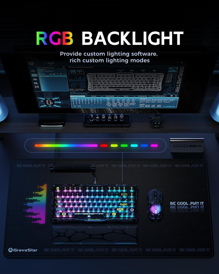 GravaStar Mercury K1 Lite 75% Gaming Keyboard, 2.4GHz\/BT\/Wired Tr...
