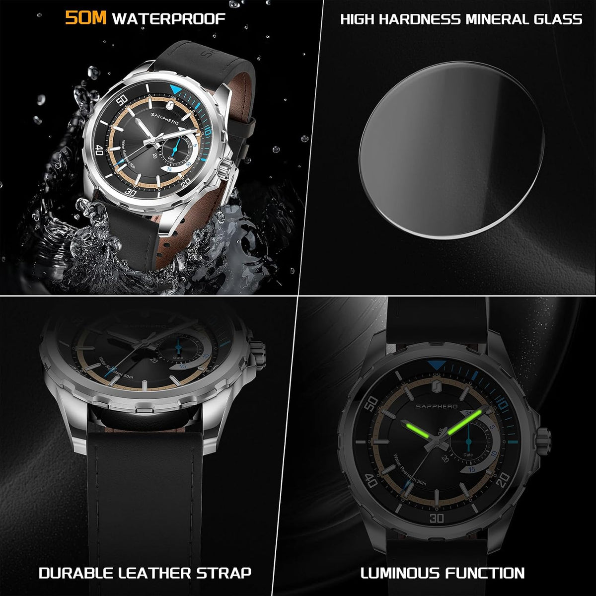 SAPPHERO Reloj para hombre con subesfera de fecha/esfera de números arábigos, cuarzo analógico, correa de acero inoxidable/piel, 164 ft impermeable, reloj de pulsera de vestir casual para trabajo de