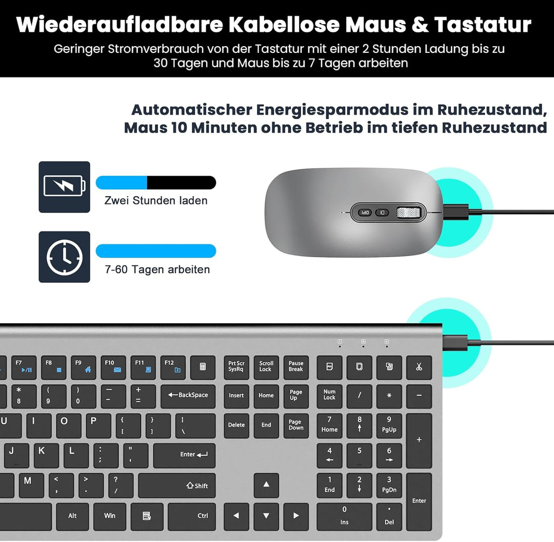 Combo de teclado y mouse inalámbricos recargables, juego de teclado...