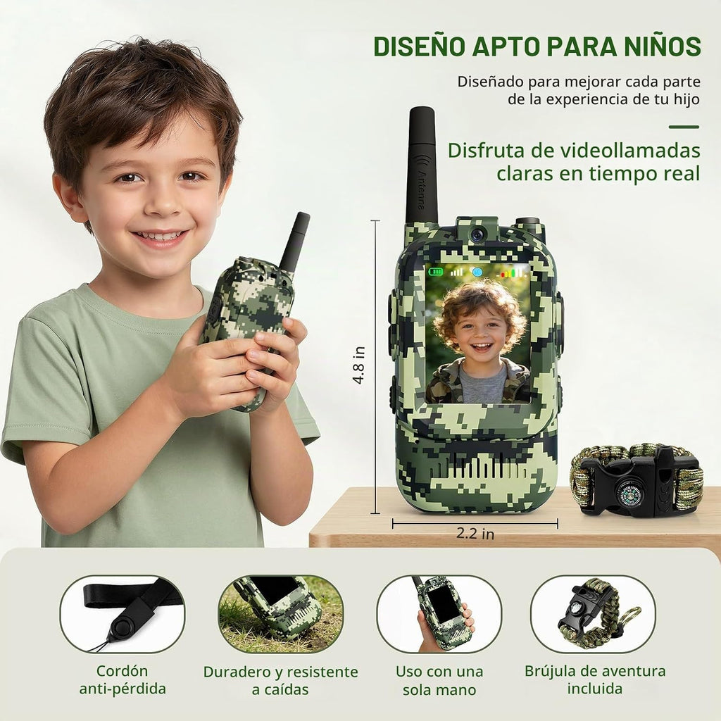 Walkie Talkies de video para niños, paquete de 2 juguetes de radio de camuflaje de 2 vías para niños de 3 a 12 años, walkie talkie de mano de largo alcance para acampar al aire libre, senderismo, el