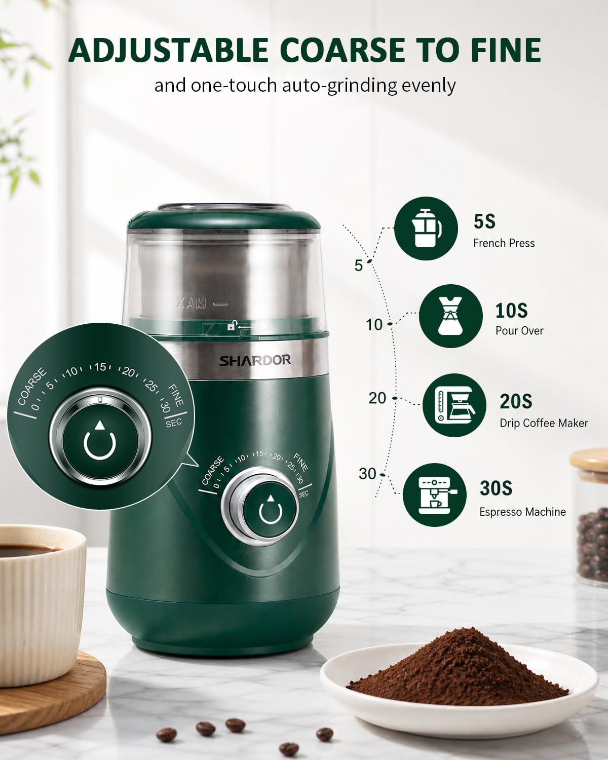SHARDOR Molinillo de café eléctrico de hoja súper silenciosa, perilla giratoria de control de molienda temporizada, ajustable grueso a fino para granos de café, especias y hierbas, con 2 cuencos de