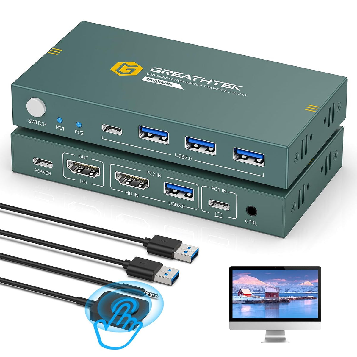 Greathek - Interruptor KVM HDMI USB C para 2 computadoras, interruptor de monitor USB3.0 4K a 60HZ para compartir teclado y mouse de PC/portátil, con 4 puertos USB, compatible con EDID