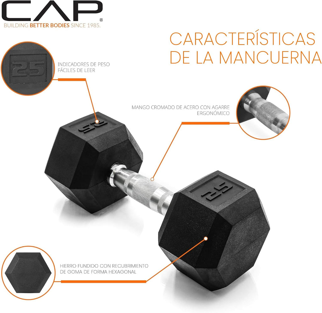 CAP Juego de mancuernas con estante, juego de pesas hexagonales con revestimiento de goma, opciones de 100 a 300 libras, almacenamiento vertical que ahorra espacio para entrenamiento de fuerza en el