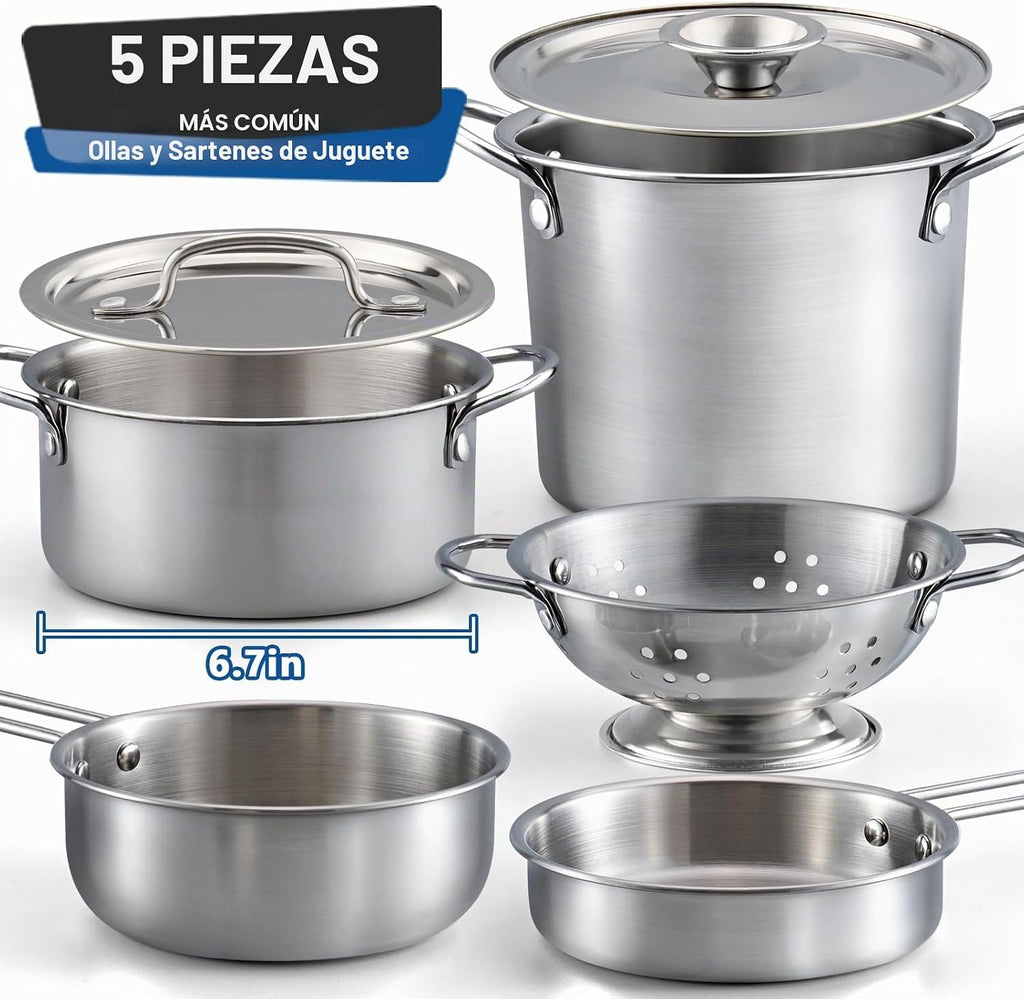 Juego de 13 piezas de accesorios de cocina para niños, ollas y sartenes de acero inoxidable, utensilios de cocina en carrito de drenaje, accesorios para niños de 3 años