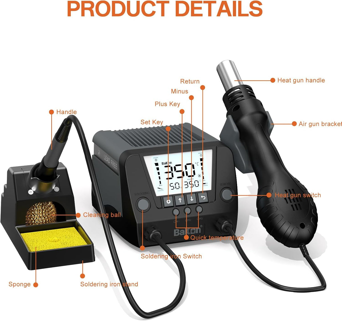 BAKON 882 - Estación de soldadura digital 2 en 1 de retrabajo de aire caliente con 3 canales preestablecidos, soldadura automática de sueño, conversión °C/°F, cable de soldadura, puntas, pinzas