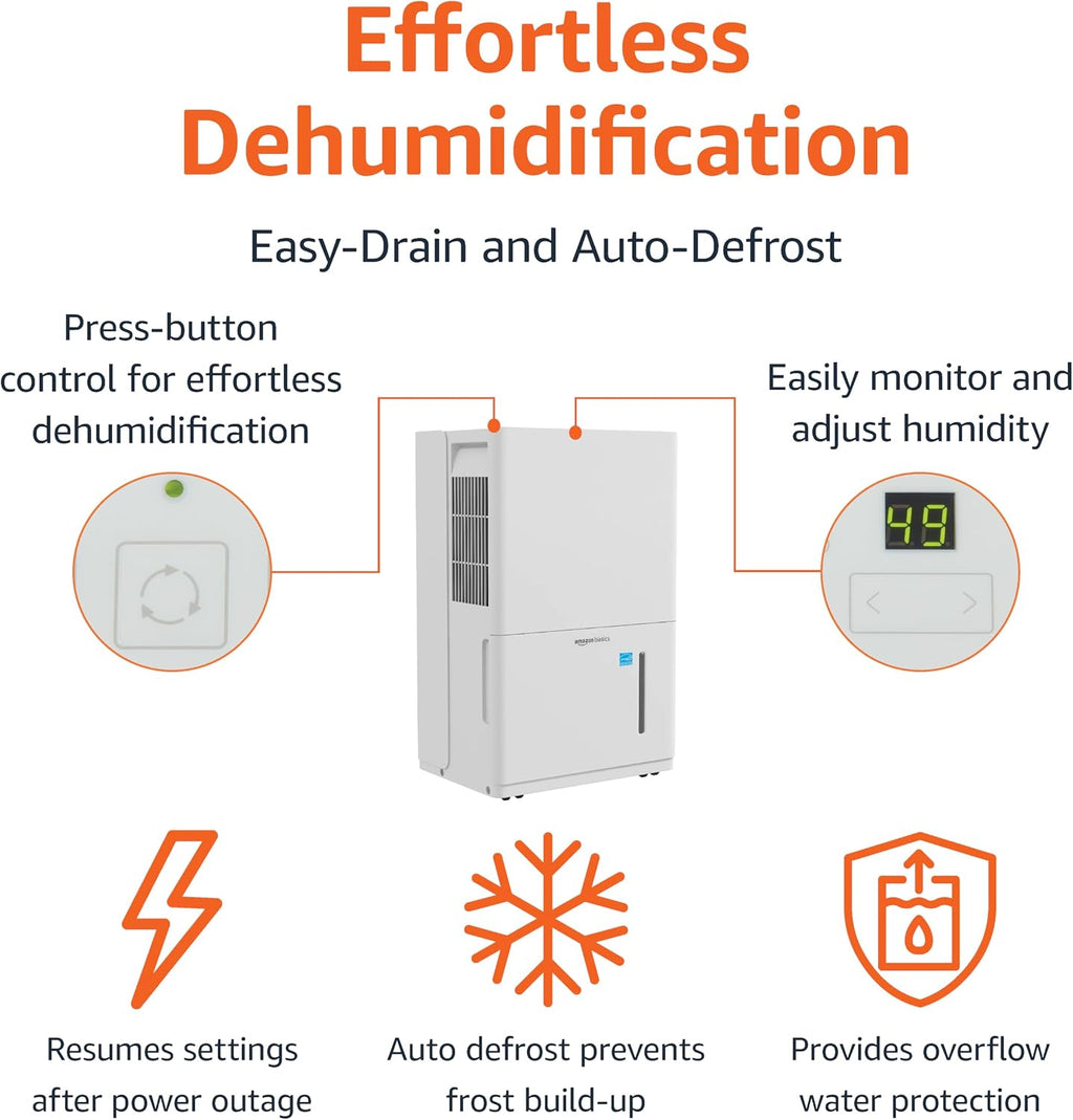 Amazon Basics Deshumidificador grande de 50 pintas con bomba, certificado New Energy Star, control de humedad, descongelación automática, temporizador, protección contra desbordamiento para