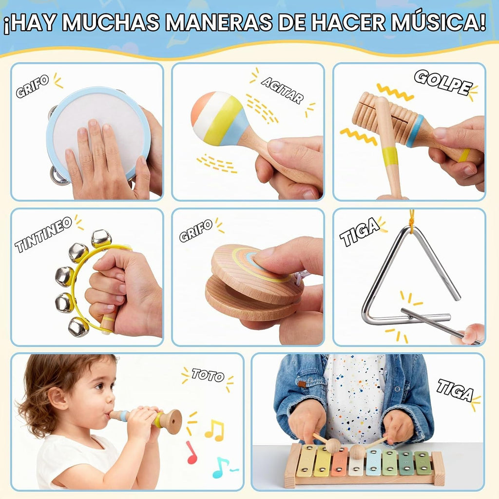 Ehome - Juego de instrumentos musicales Montessori de madera para niños y niñas de 3, 4, 5, 6 años, kit de música de percusión de color neutro con tambor, xilófono, bolsa de almacenamiento, regalo de aprendizaje de cumpleaños