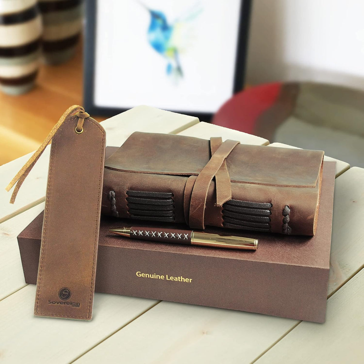 Juego de regalo de diario de cuero con marcador de cuero antiguo + bolígrafo, cuaderno de escritura hecho a mano de 7 x 5 pulgadas, bloc de notas diario encuadernado en cuero sin forro para hombres y
