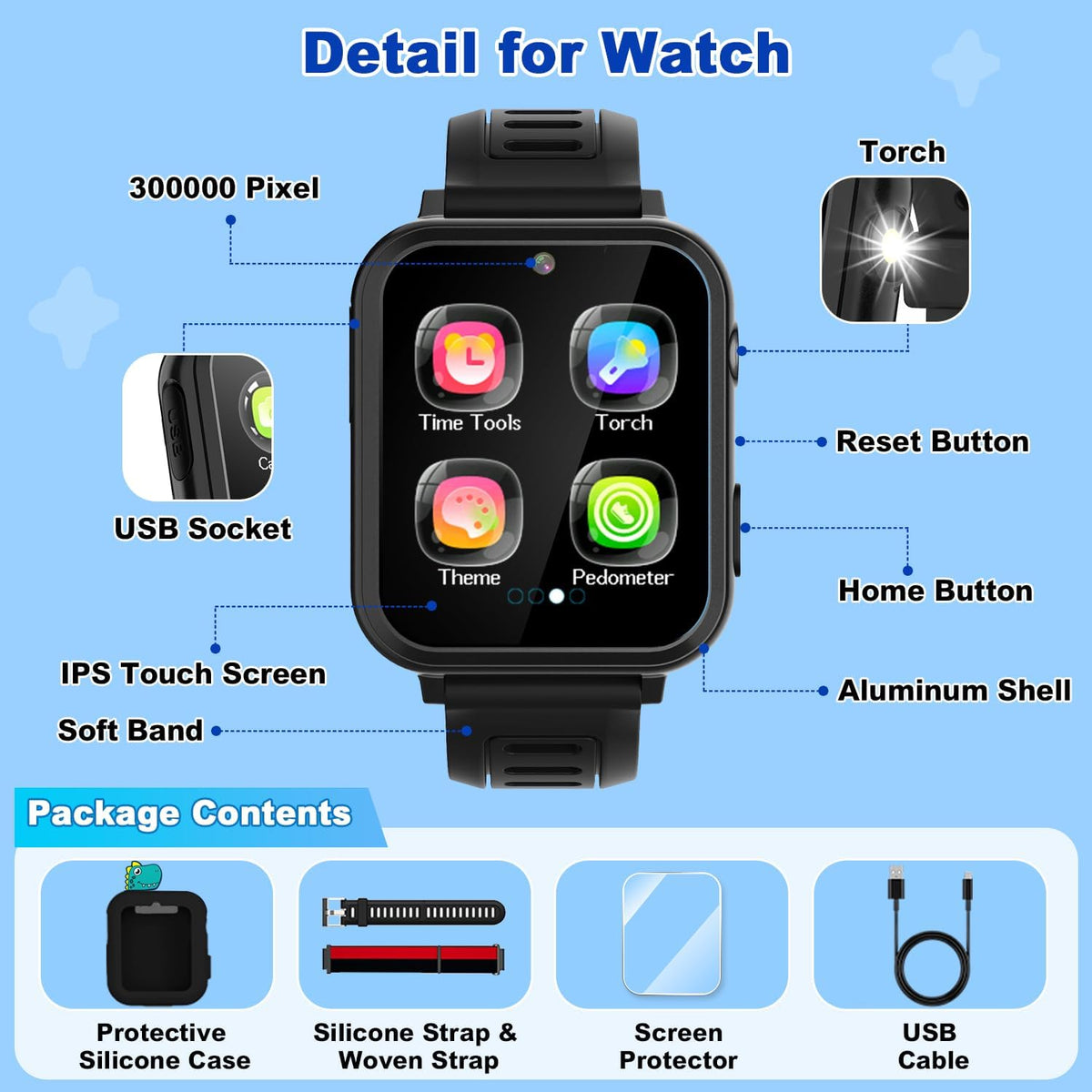 Reloj inteligente para niños, 39 juegos, cámara, video, música, podómetro, grabadora