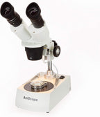 AmScope Microscopio estéreo binocular delantero SE306R-PZ, oculares WF10x y WF20x, aumento 10X-80X, objetivos 2X y 4X, fuente de luz halógena superior e inferior, soporte de pilar, 120V, blanco