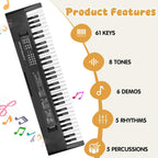 61 Keys Kids Piano teclado Toy con Mic para 3 4 5 6 7 8 Girls Boys, negro