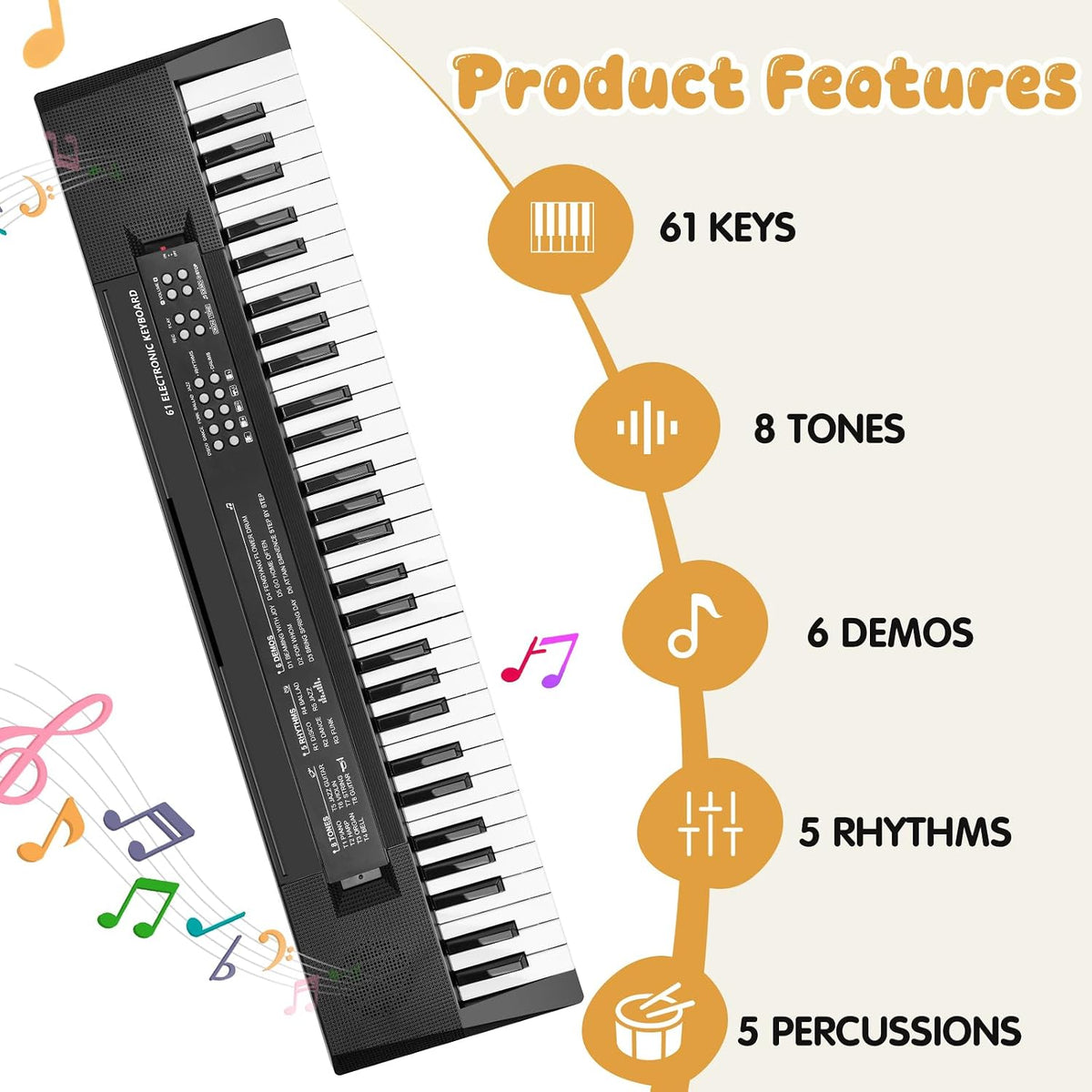 61 Keys Kids Piano teclado Toy con Mic para 3 4 5 6 7 8 Girls Boys, negro