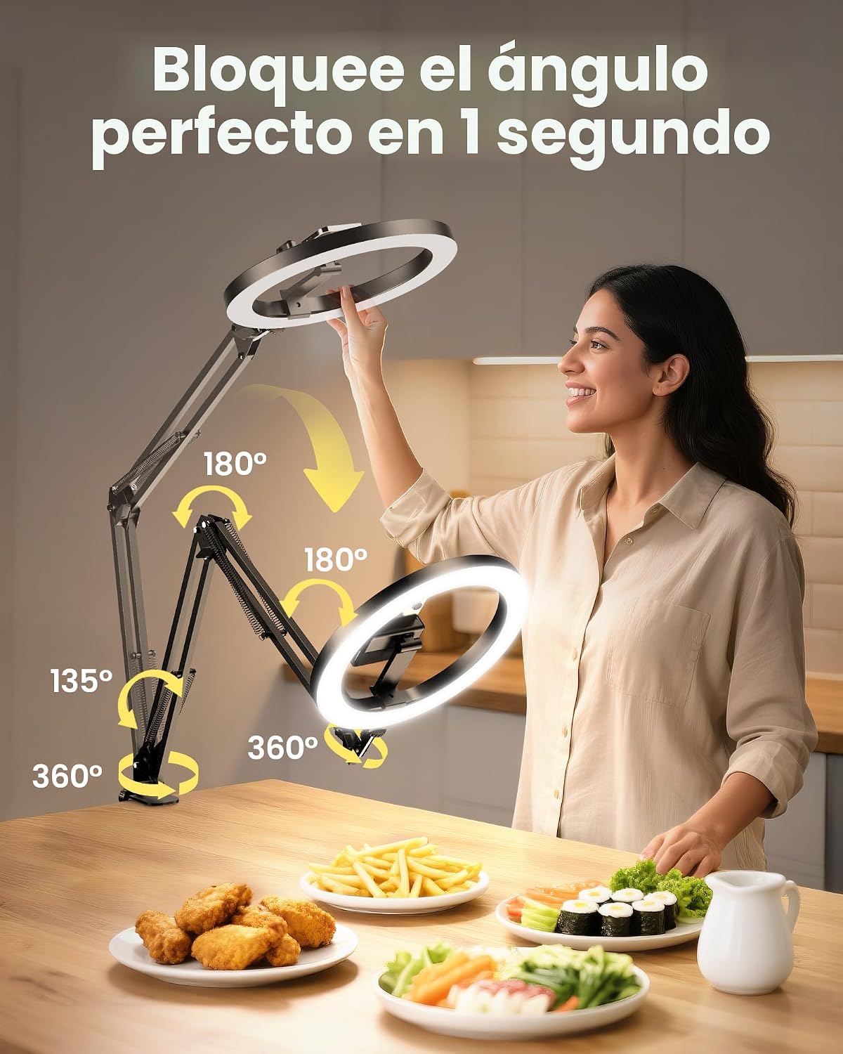 Soporte de Montaje de Teléfono con Cámara Aérea y Anillo de Luz Mejorado para Escritorio, Evershop Luz para Selfie de 10" con Trípode para iPhone, Luz con Soporte para Teléfono para Grabación de Video