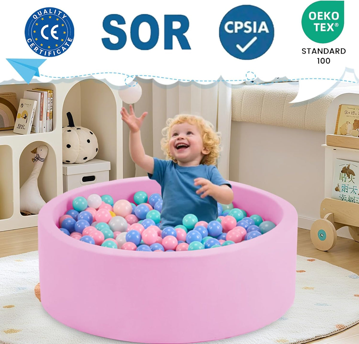 Piscina de bolas de espuma de 47.2 x 15.7 pulgadas para niños pequeños, pelotas redondas para bebés de 1 a 3 años, pelotas de juego para niños y niñas, pelotas no incluidas, color rosa