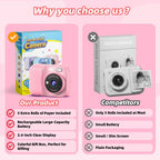 Cámara de impresión instantánea para niños con 5 rollos de papel de impresión, cámara HD 1080P, cámara portátil recargable para selfies, regalos de cumpleaños de Navidad, juguetes para niños y niñas