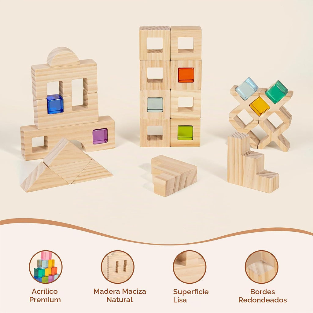 Woodtoe Juego de 47 bloques de arcoíris, bloques de construcción de madera