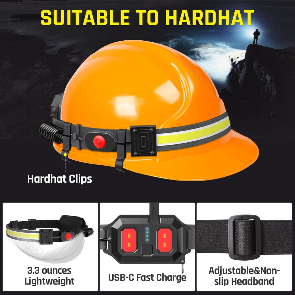 Faro LED recargable por USB, 1000 lúmenes, 230°, haz ancho con luz trasera roja, luz de diadema súper brillante, faros impermeables para camping, senderismo, casco duro, paquete de 2