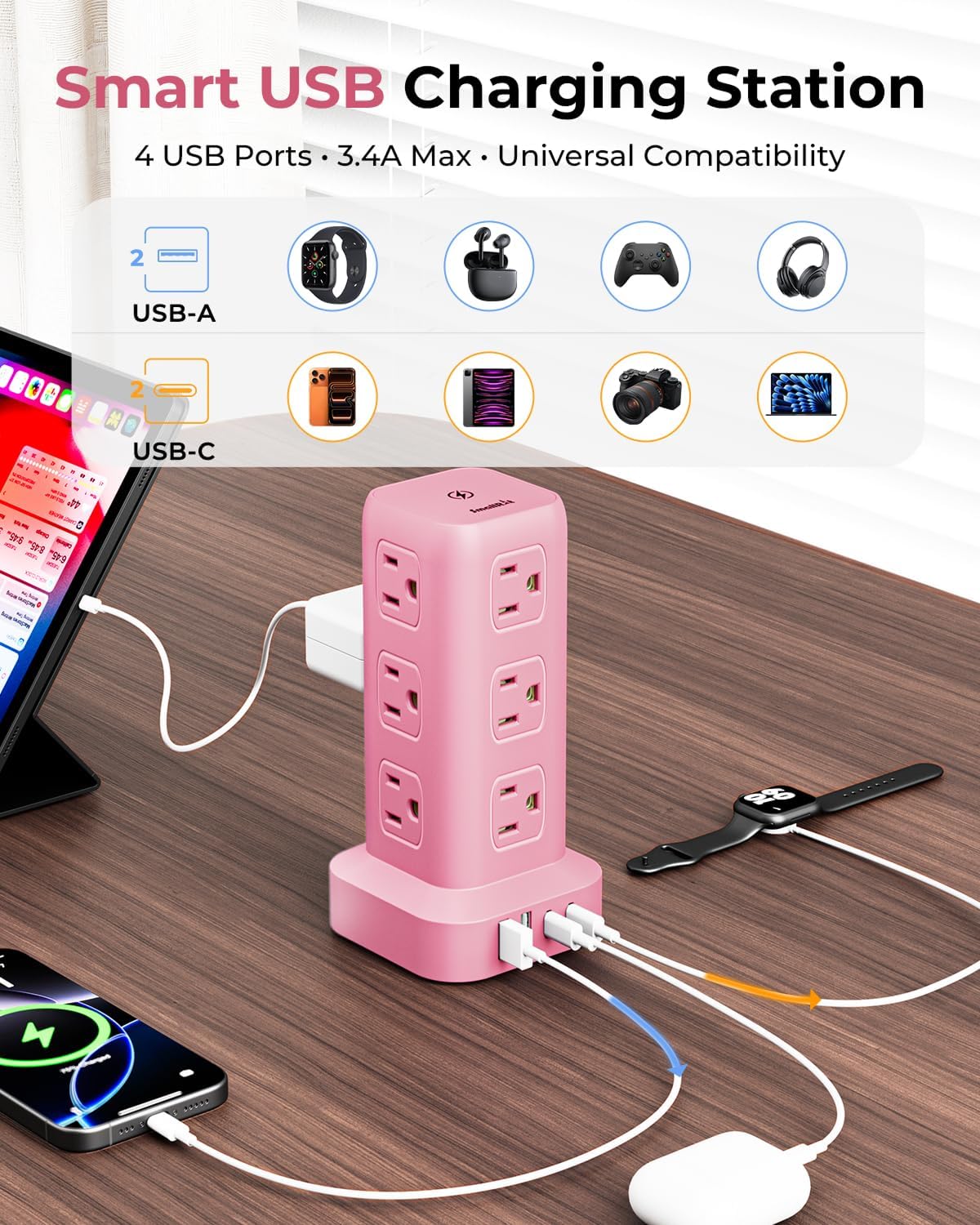 Regleta de alimentación con 12 tomas, 4 USB (1 USB C), cable de extensión de 6.5 pies con múltiples tomas, estación de carga, torre de regleta de alimentación rosa, suministros de escritorio de