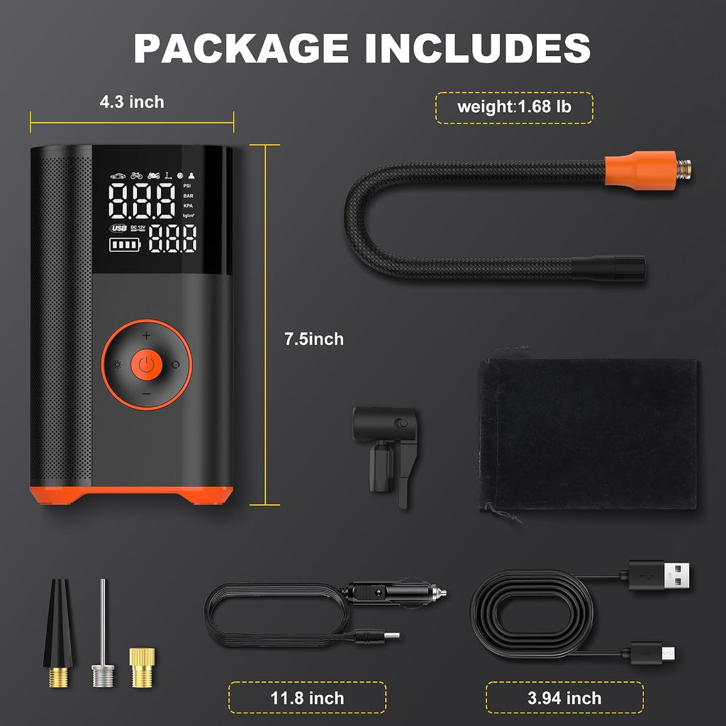 Inflador de neumáticos, compresor de aire portátil, 25 cilindros 100 W, inflado rápido, batería de 7800 mAh y bomba de aire inalámbrica de doble potencia de 12 V CC con doble calibre digital para