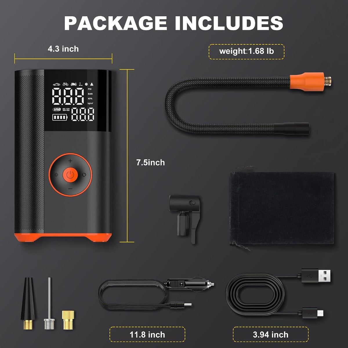 Inflador de neumáticos, compresor de aire portátil, 25 cilindros 100 W, inflado rápido, batería de 7800 mAh y bomba de aire inalámbrica de doble potencia de 12 V CC con doble calibre digital para