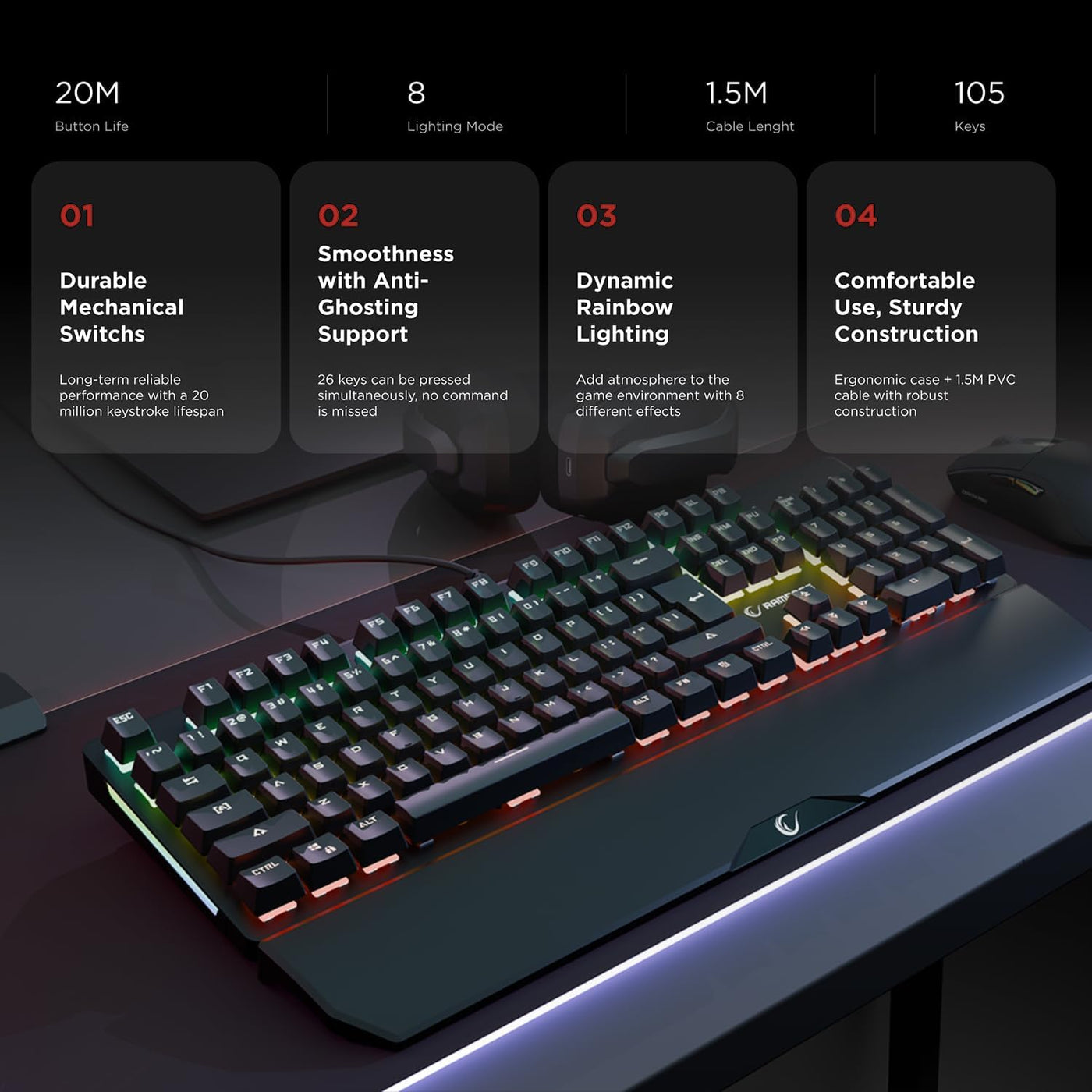 RAMPAGE GEAR KB-R86 Umbra Teclado mecánico para juegos \u2013 Inter...
