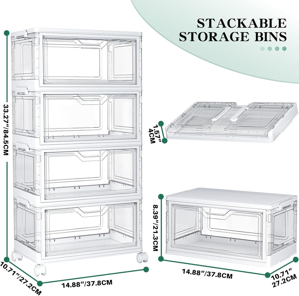 Kmiectse Contenedores de almacenamiento transparentes con tapas - Contenedores de plástico de 4 niveles con ruedas, contenedor de almacenamiento apilable, caja organizadora de armario para dormitorio