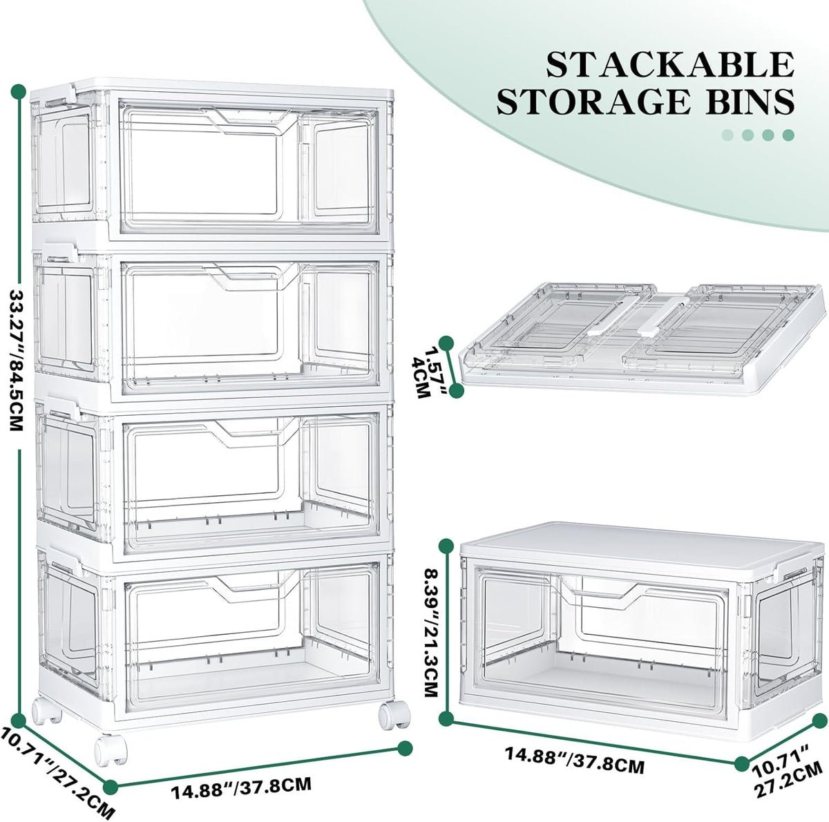 Kmiectse Contenedores de almacenamiento transparentes con tapas - Contenedores de plástico de 4 niveles con ruedas, contenedor de almacenamiento apilable, caja organizadora de armario para dormitorio
