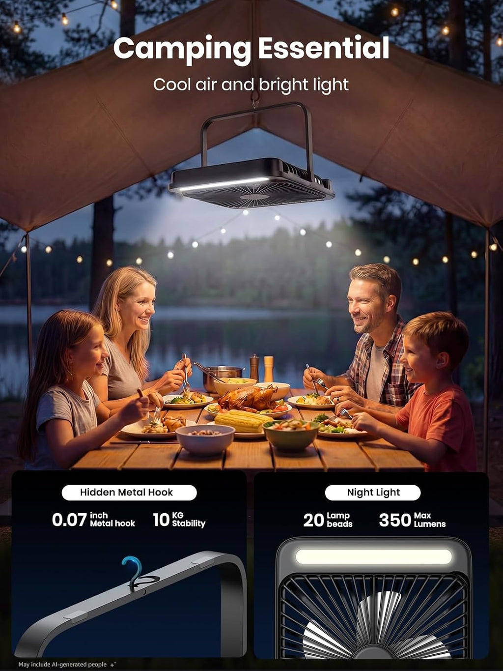 Warmco D4 - Ventilador de camping con batería de 20000 mAh, lintern...