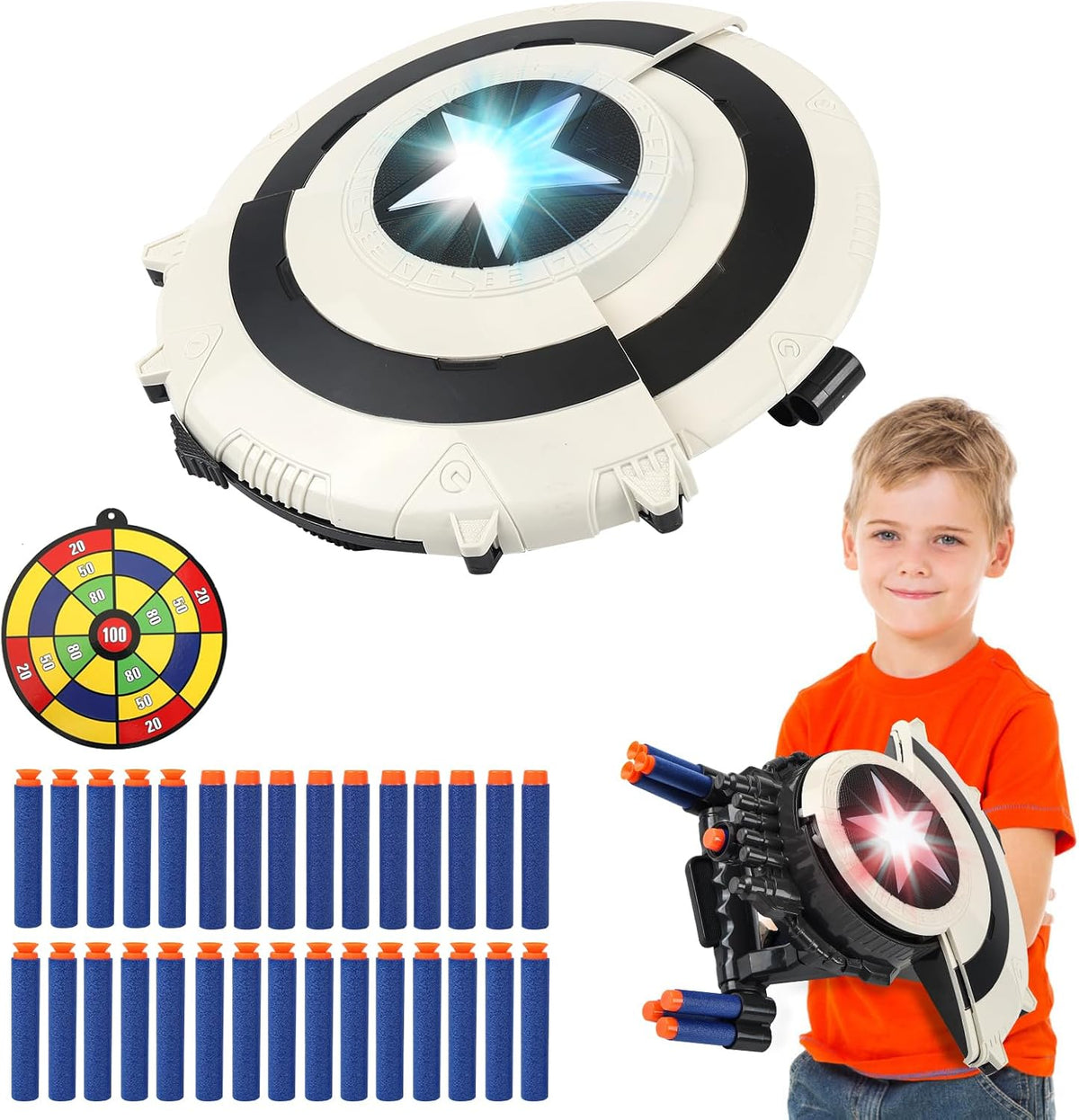 KooRare - Juguetes de escudo que disparan dardos para pistolas - Juguetes para niños superhéroes de 6, 7, 8, 9+ años, juguete de rol con luces, con 30 dardos