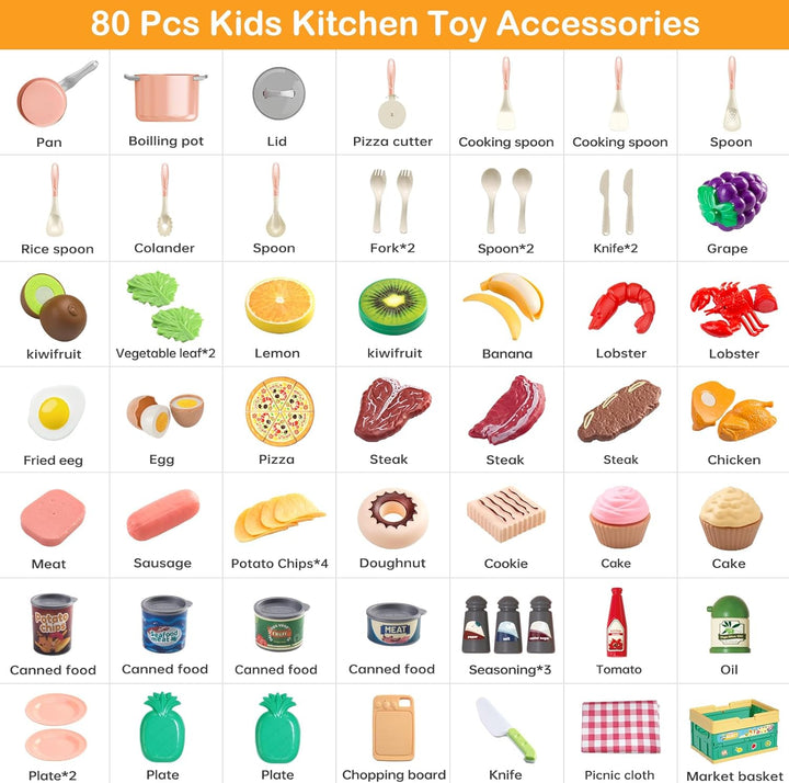 80 piezas de juego de cocina de simulación para niños pequeños, jue...
