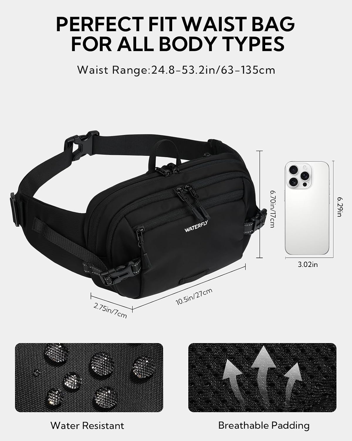 WATERFLY Riñonera Riñonera: 3L RFID grande antirrobo para viajes