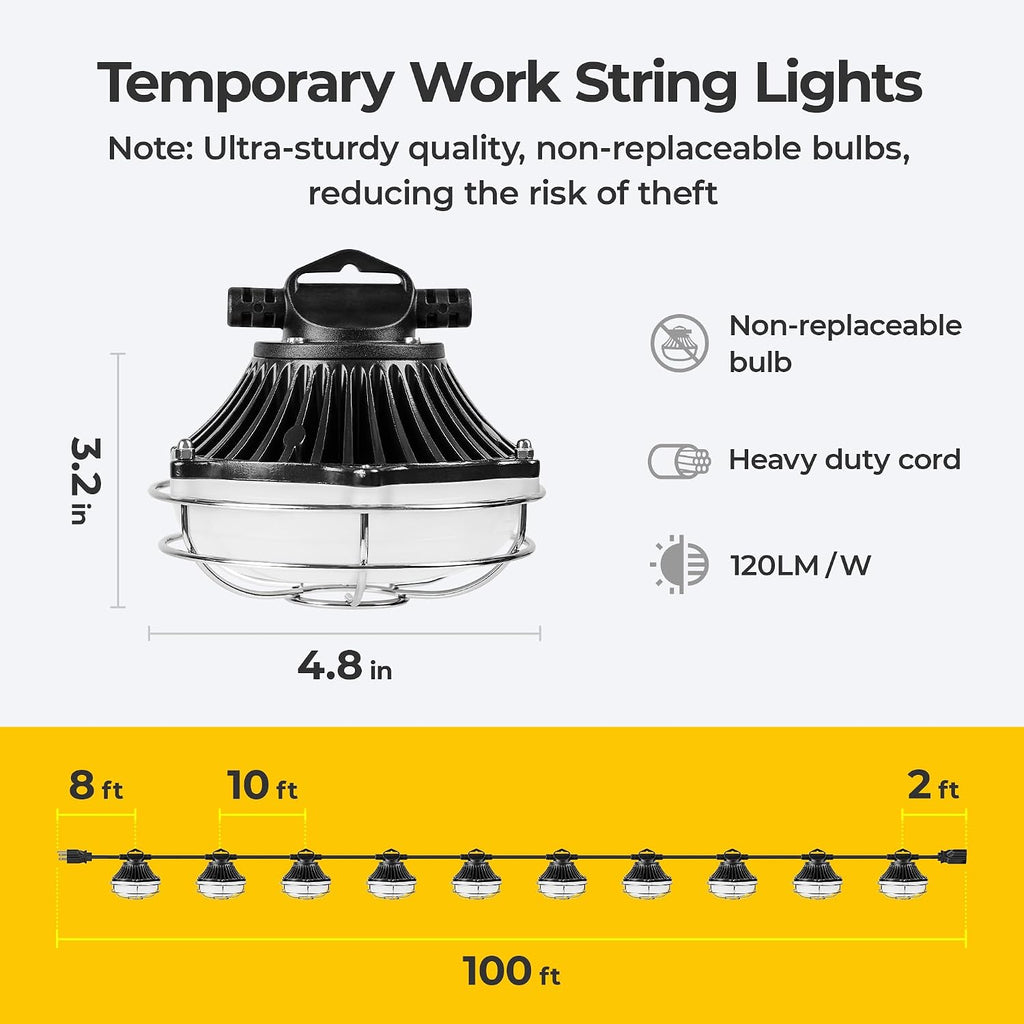 Cadena de luz de aluminio de 100 pies y 250 W, luz de construcción temporal