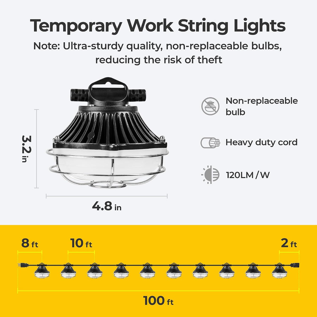 Cadena de luz de aluminio de 100 pies y 250 W, luz de construcción temporal