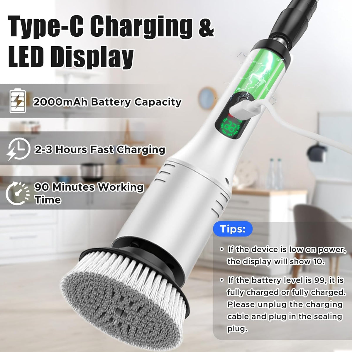 Limpiador eléctrico giratorio, limpiador de baño, cepillo limpiador de ducha inalámbrico, 9 cabezales de cepillo reemplazables, 2 velocidades ajustables, batería de 2000 mAh, para ducha