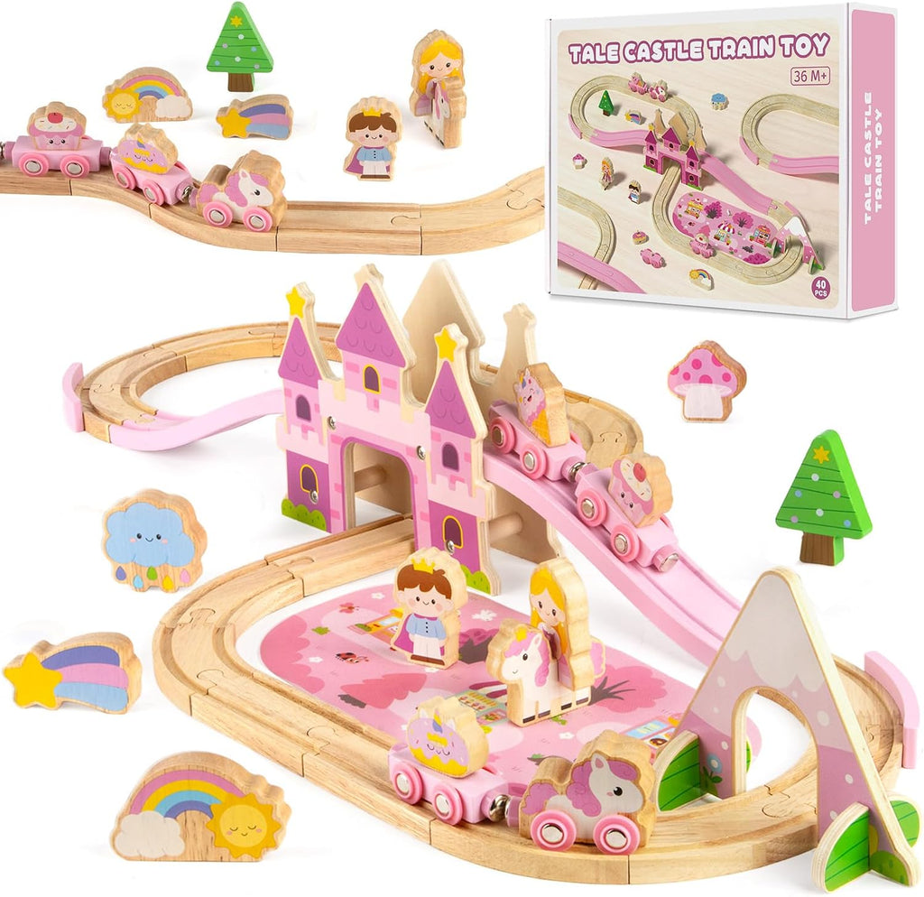 Juego de tren de madera para niñas, juego de tren de castillo de