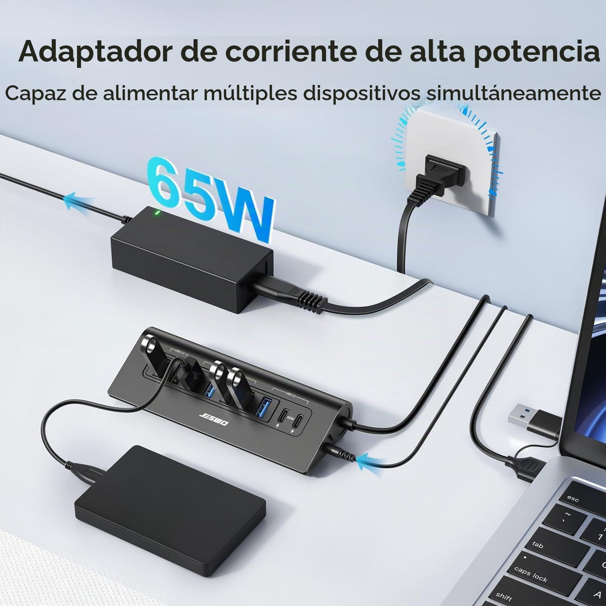 JESWO, hub USB de 9 puertos, alimentado, adaptador 20V/3.25A