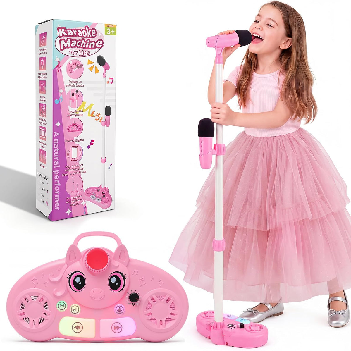 Máquina de karaoke para niños con 2 micrófonos, juguete de