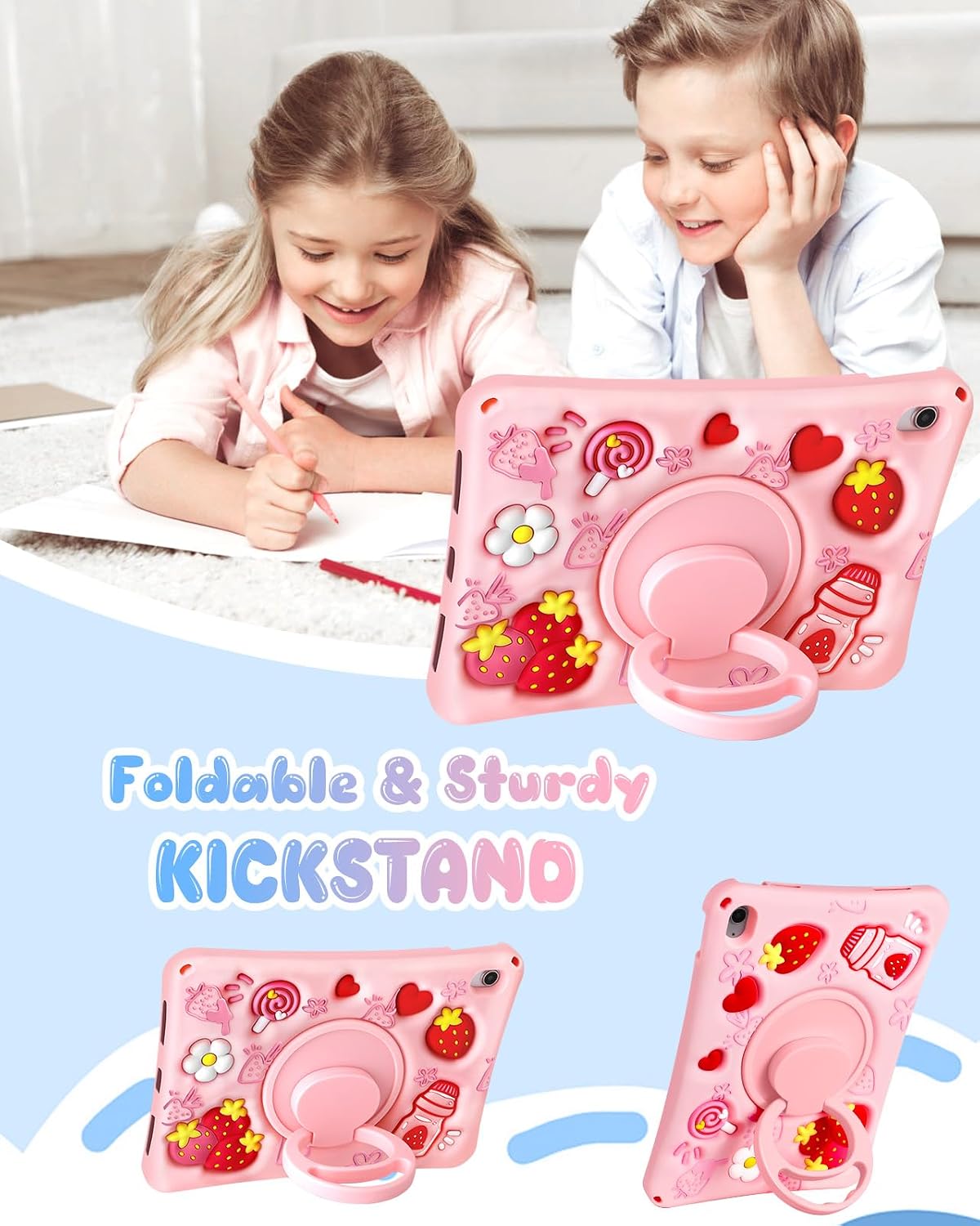 Boaretiu - Funda para iPad A16/10ª generación, para niñas, adolescentes, silicona suave con correa para el hombro y soporte giratorio para iPad de 11.ª generación, funda de 11 pulgadas 2025