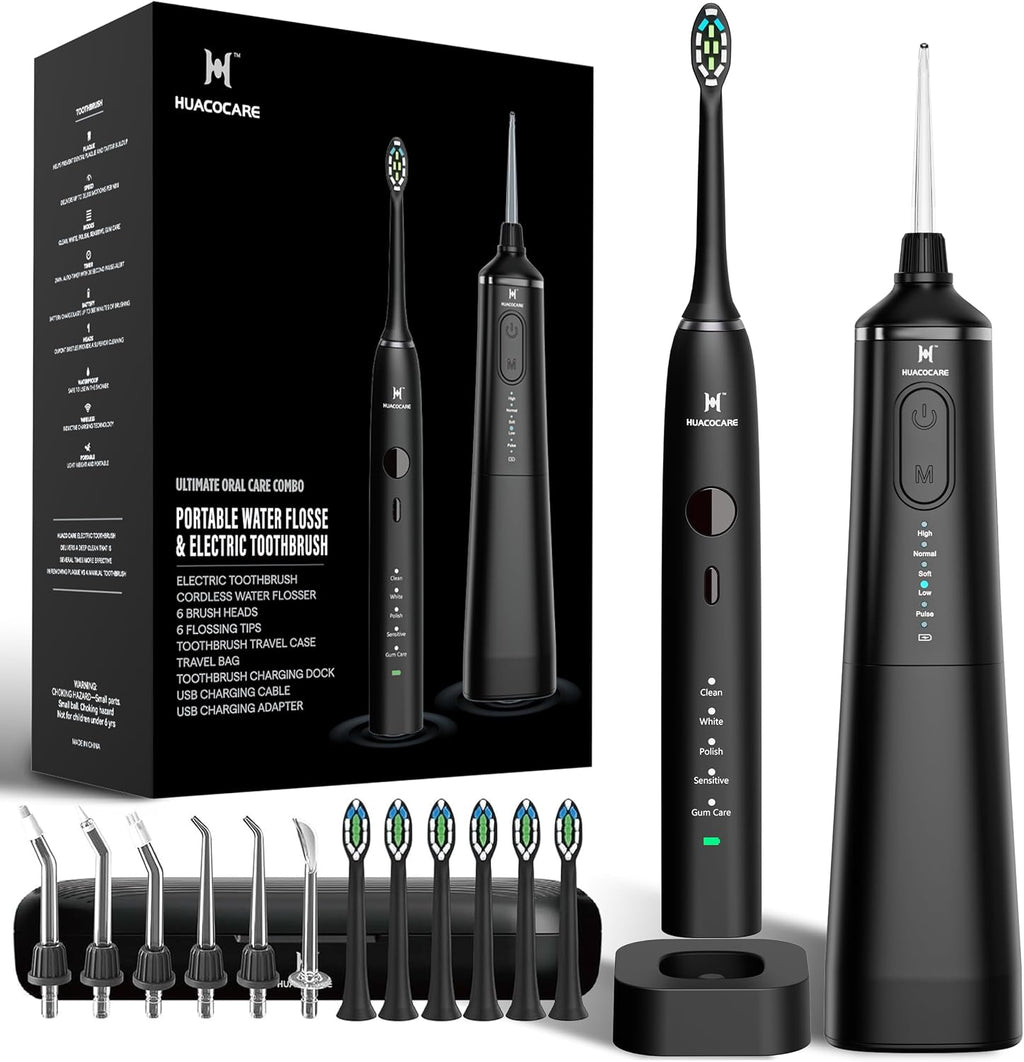 Kit de Cuidado Dental Pro Mejorado: Hilo Dental de Agua de 5 Modos y Cepillo de Dientes, Negro