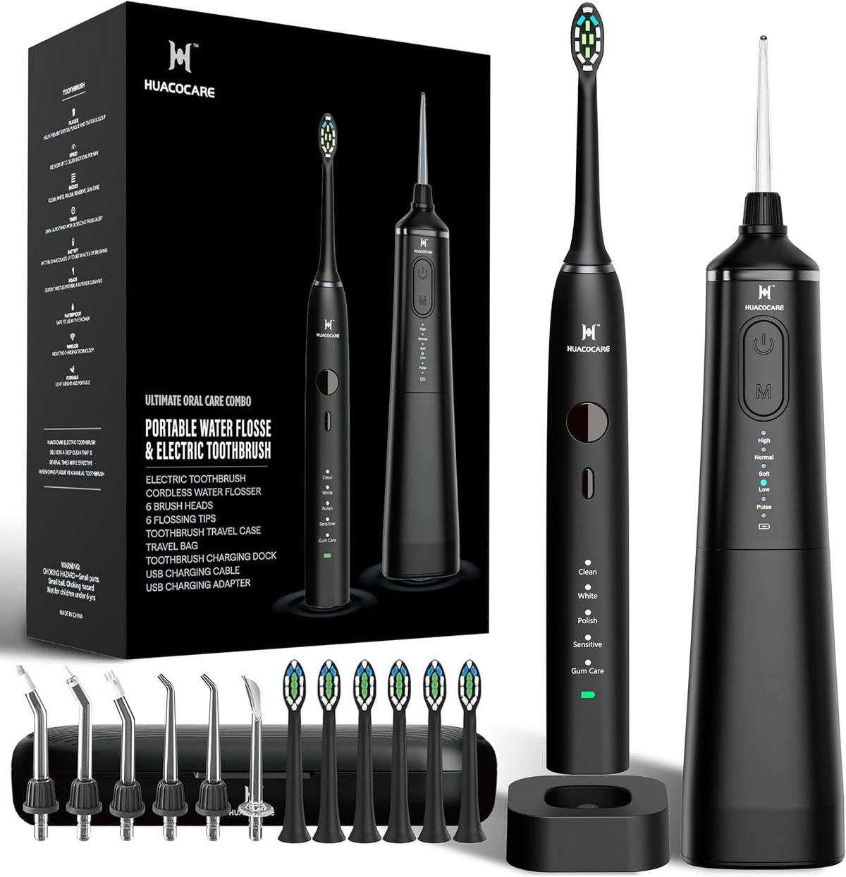 Kit de Cuidado Dental Pro Mejorado: Hilo Dental de Agua de 5 Modos y Cepillo de Dientes, Negro