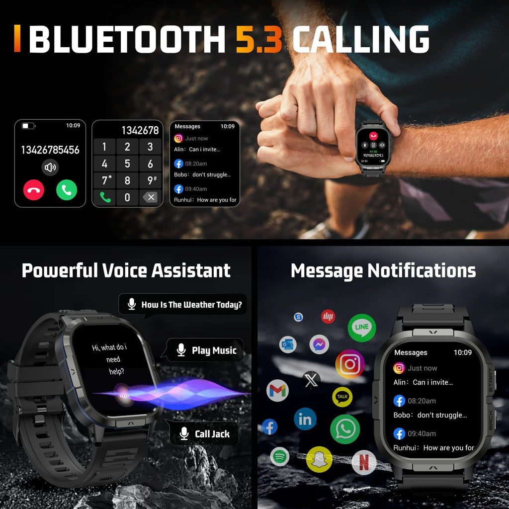 Relojes inteligentes militares para hombres, llamadas Bluetooth AMOLED de 2.06 pulgadas, IP68 con monitor de sueño, podómetro, más de 110 modos deportivos, reloj inteligente táctico para Android, iOS y Samsung compatible