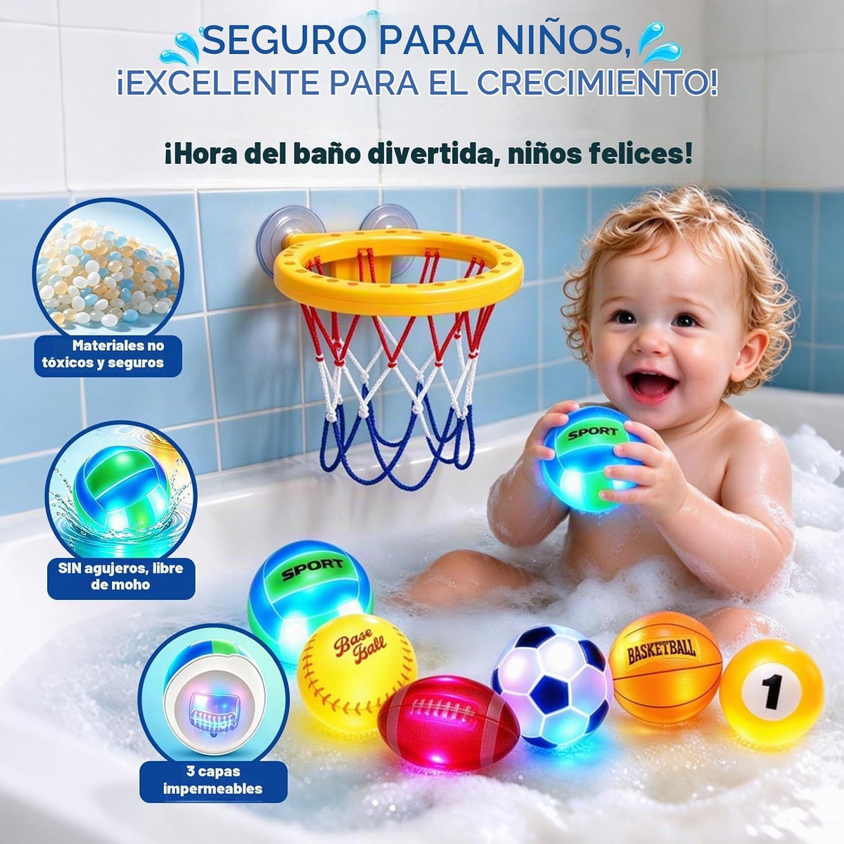 Juguetes de baño iluminados para bebés, juguetes de aro de baloncesto para