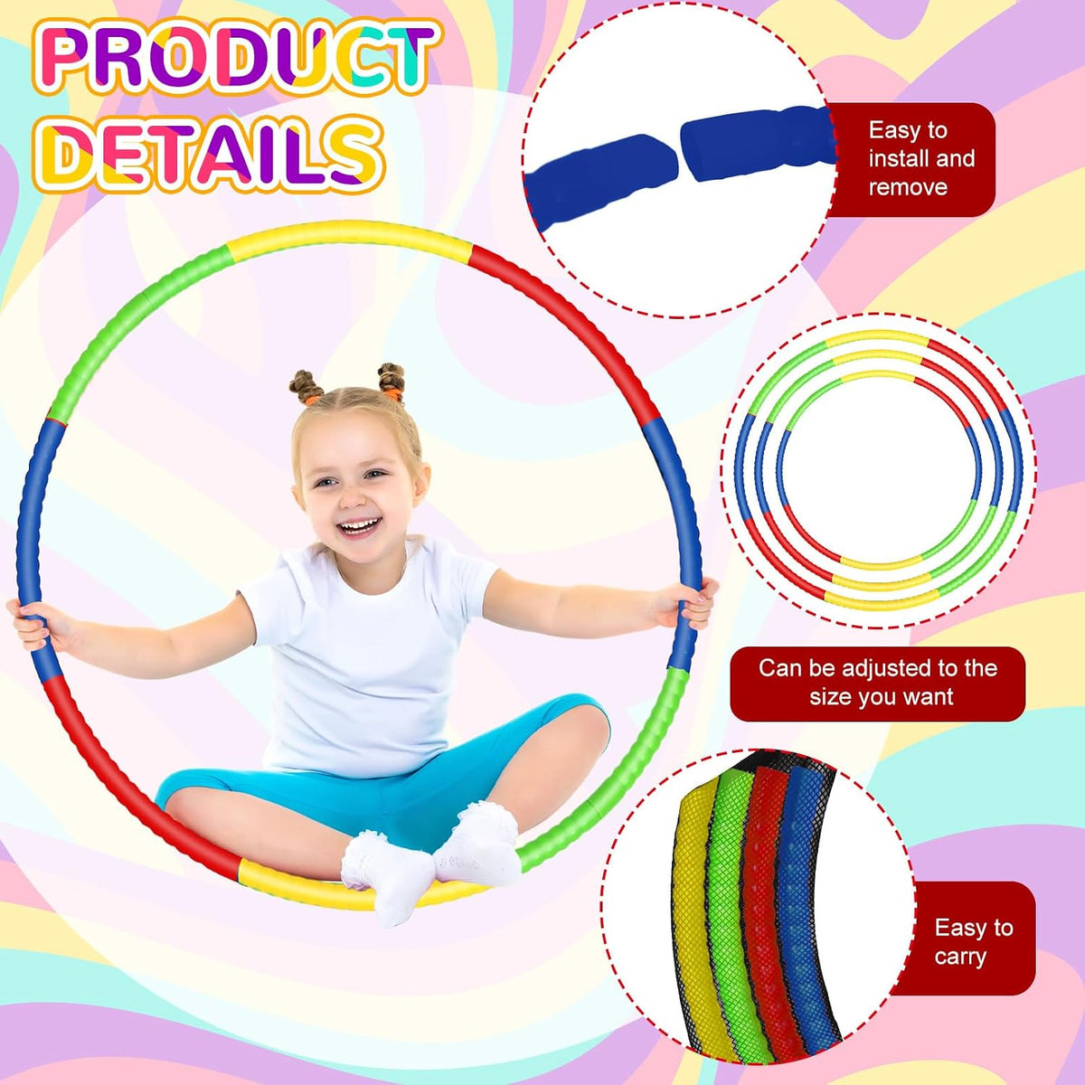 12 piezas de aro de juguete para niños - Aro desmontable y ajustable de colores para ejercicio, anillo de plástico para niños, gimnasia para adolescentes, equipo de agilidad para perros